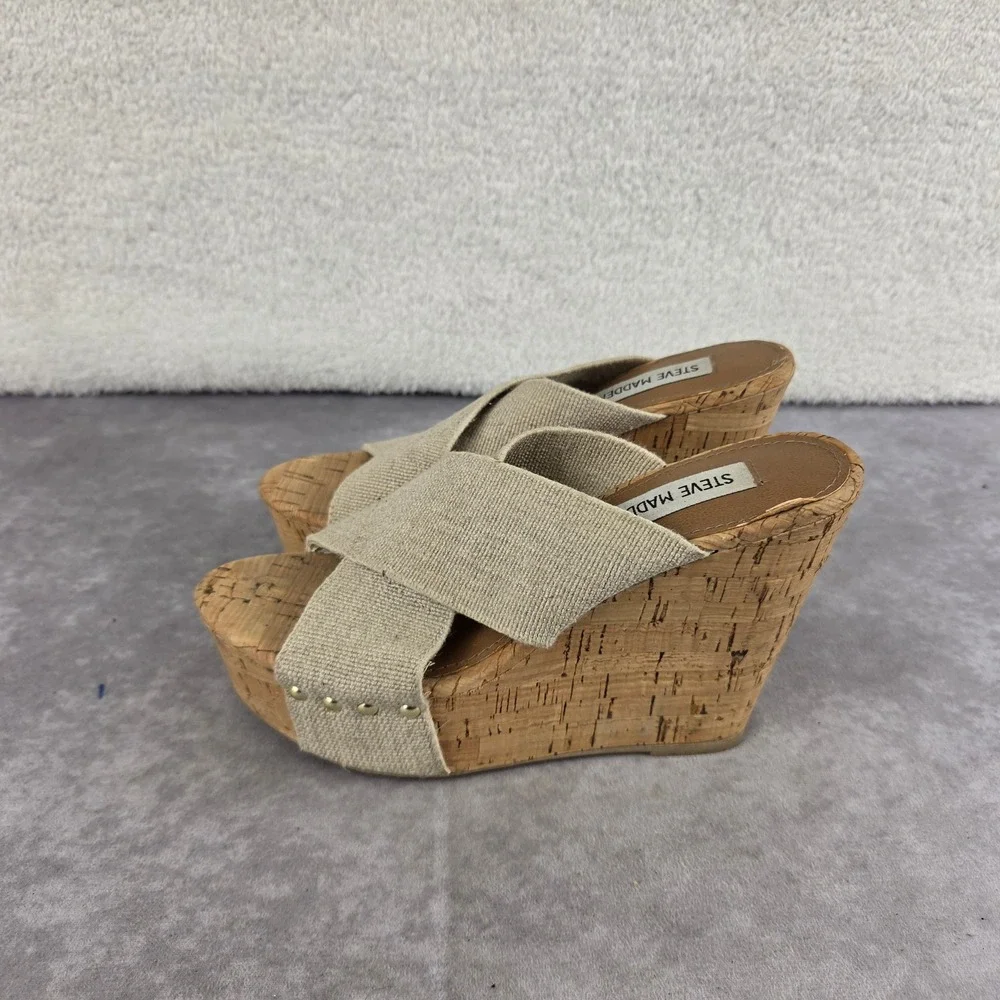 Steve Madden Womens Beige Fabric Crisscross Cork Platform Wedge Sandals S1941